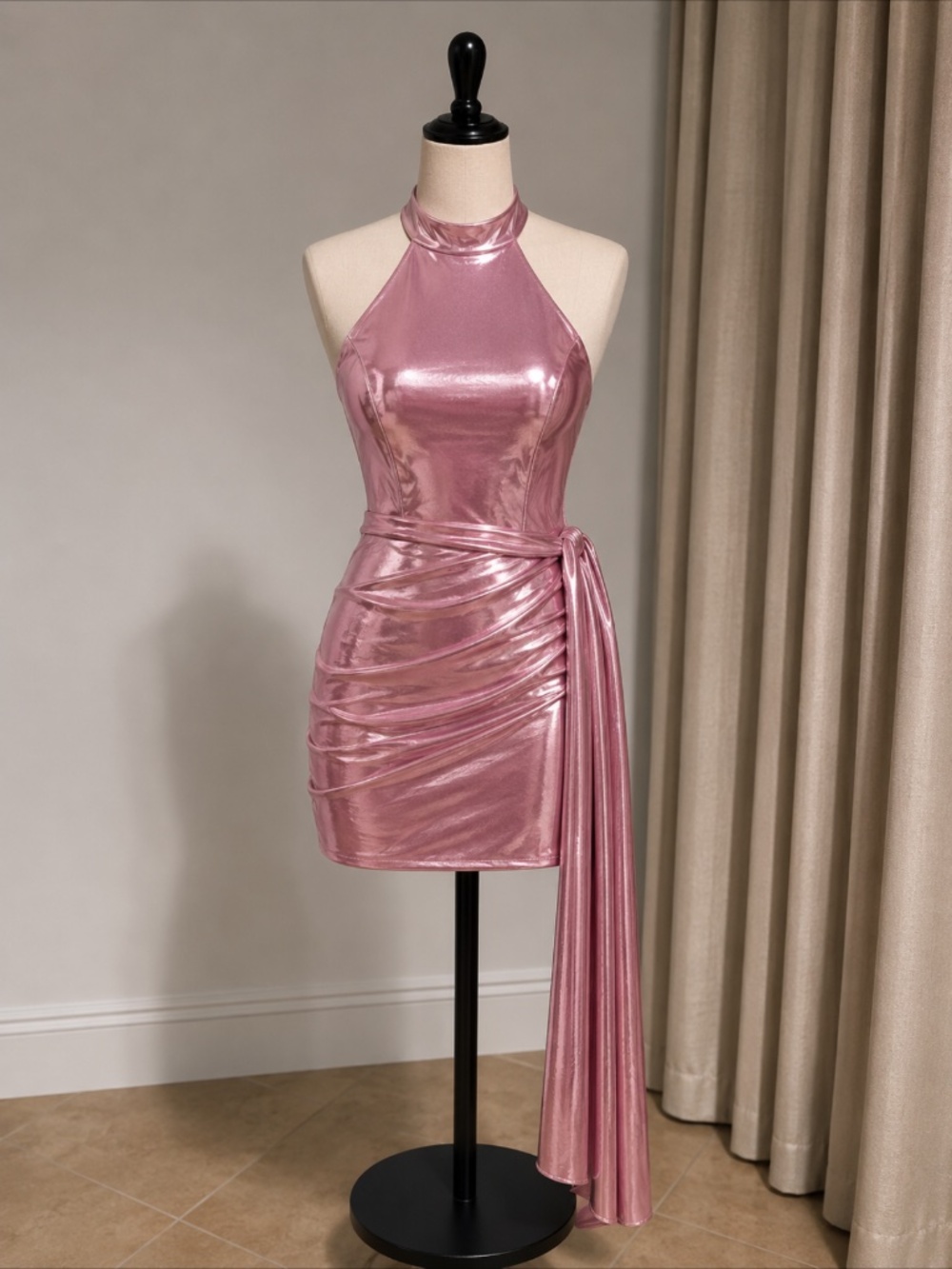 Pink foiled jersey party dress .. cut short